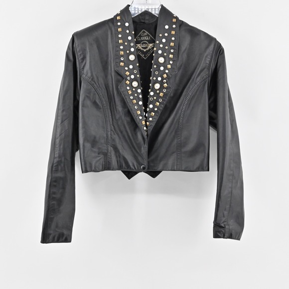 VINTAGE Leather Jacket Womens Sz M Black Studded Crop Moto Grunge Retro USA 80s - Picture 1 of 12